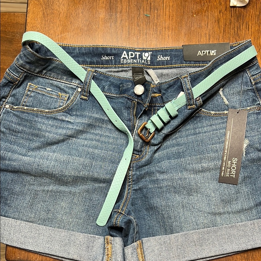 APT 9 Denim Shorts with Mint Belt. New